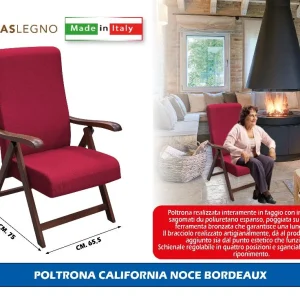 Maslegno Poltrona California Noce in Faggio 75x65,5x112h cm – Schienale Regolabile, Imbottita in Poliuretano, Artigianale Made in Italy, Colori Beige/Bordeaux/Marrone