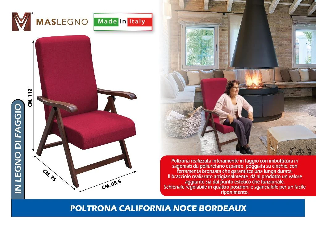 Maslegno Poltrona California Noce in Faggio 75x65,5x112h cm – Schienale Regolabile, Imbottita in Poliuretano, Artigianale Made in Italy, Colori Beige/Bordeaux/Marrone - immagine 2