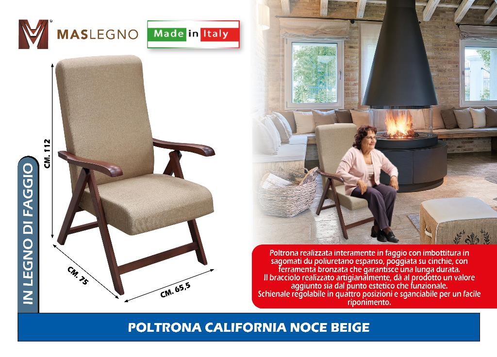 Maslegno Poltrona California Noce in Faggio 75x65,5x112h cm – Schienale Regolabile, Imbottita in Poliuretano, Artigianale Made in Italy, Colori Beige/Bordeaux/Marrone - immagine 7