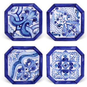PIATTI DECORATI MAIOLICA  – SET 4 PEZZI – CORNICE BLU MARE