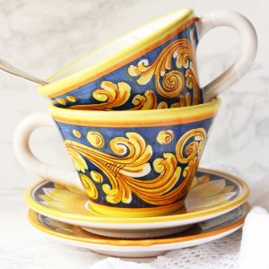 SET 2 TAZZE CON PIATTINO CERAMICA DECORATA CALTAGIRONE – AGRIGENTO